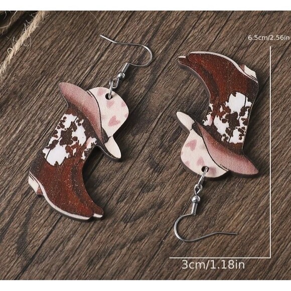 Western Cowboy Boot & Hat Wood Dangle Earrings – Rustic Western Style - Picture 3 of 7
